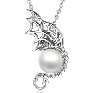 925 Sterling Silver Pearl Ball Flying Dragon Pendant Necklace